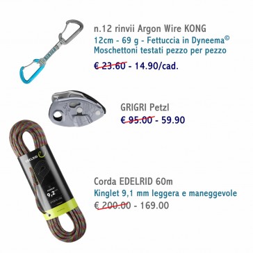 kit attrezzatura arrampicata sportiva corda rinvii grigri