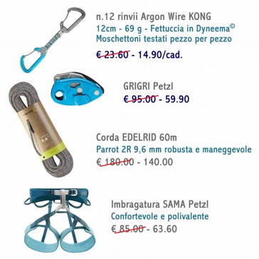 kit materiale per arrampicata rinvii corda imbrago grigri
