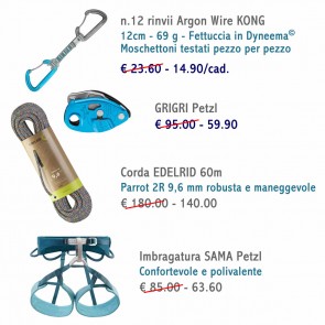 kit materiale per arrampicata rinvii corda imbrago grigri